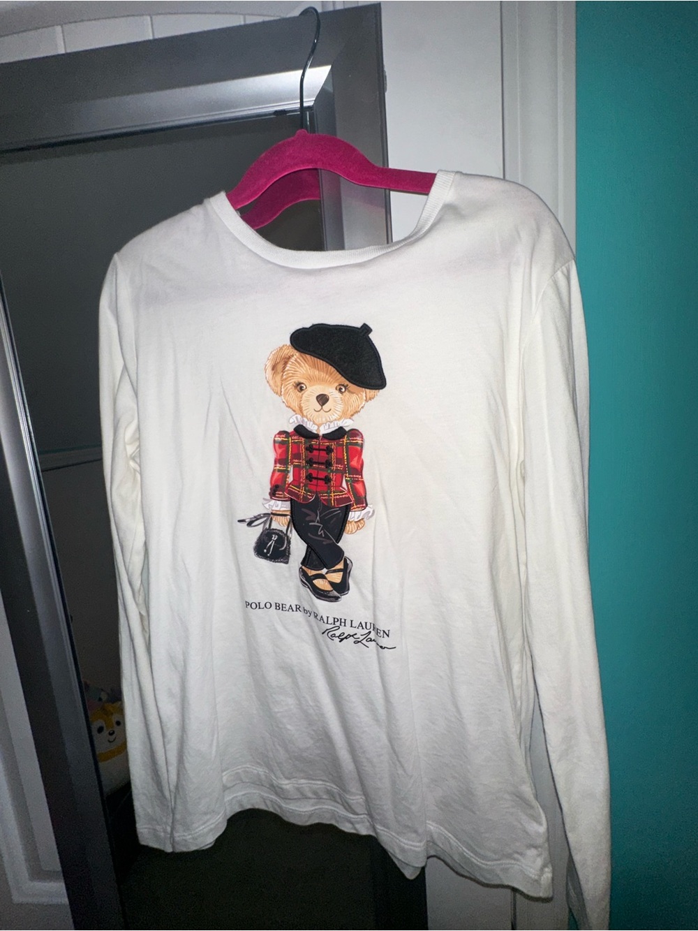 Polo by Ralph Lauren White Long-Sleeve Tee with Plaid Polo Bear